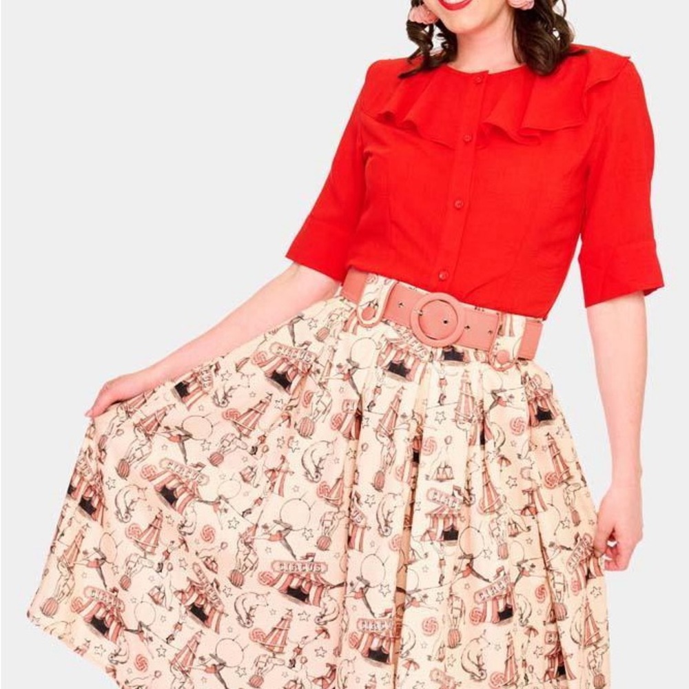 Voodoo Vixen A-Line Skirt with Circus Print and Belt